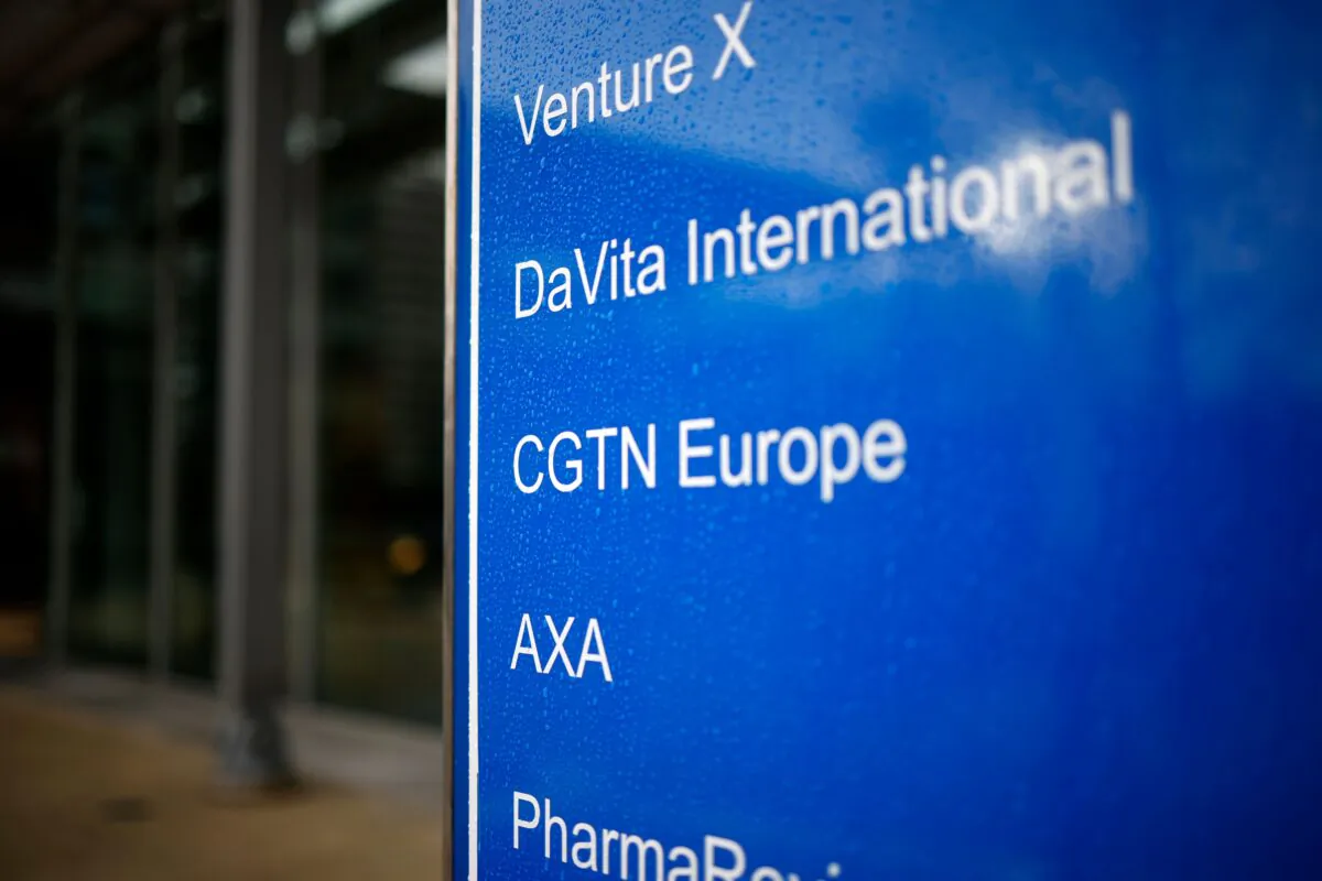 The logo of CGTN Europe is pictured on a sign outside an office block that houses the offices of China Global Television Network, in Chiswick Park, west London on February 4, 2021. (Tolga Akmen / AFP via Getty Images)