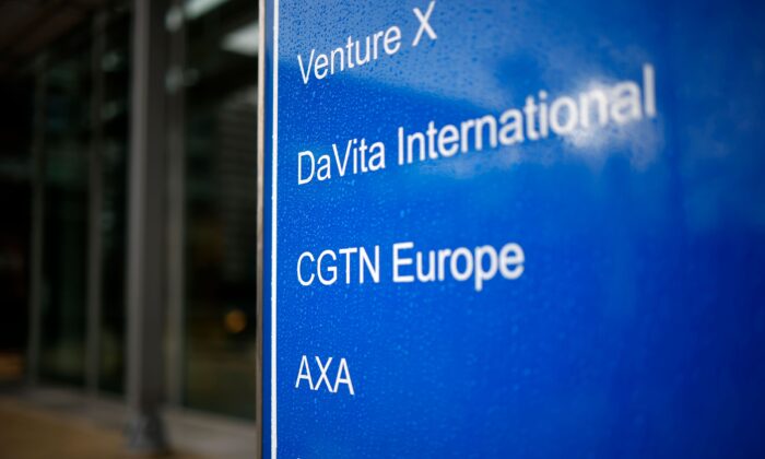 The logo of CGTN Europe is pictured on a sign outside an office block that houses the offices of China Global Television Network, in Chiswick Park, west London on February 4, 2021. (Tolga Akmen / AFP via Getty Images)