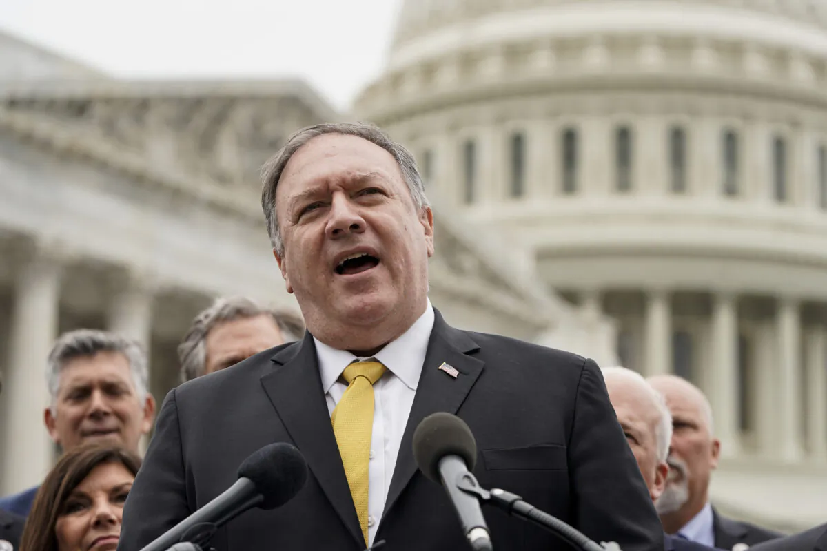Former Secretary of State Mike Pompeo speaks to the media with members of the Republican Study Committee about Iran in Washington on April 21, 2021. (Joshua Roberts/Getty Images)