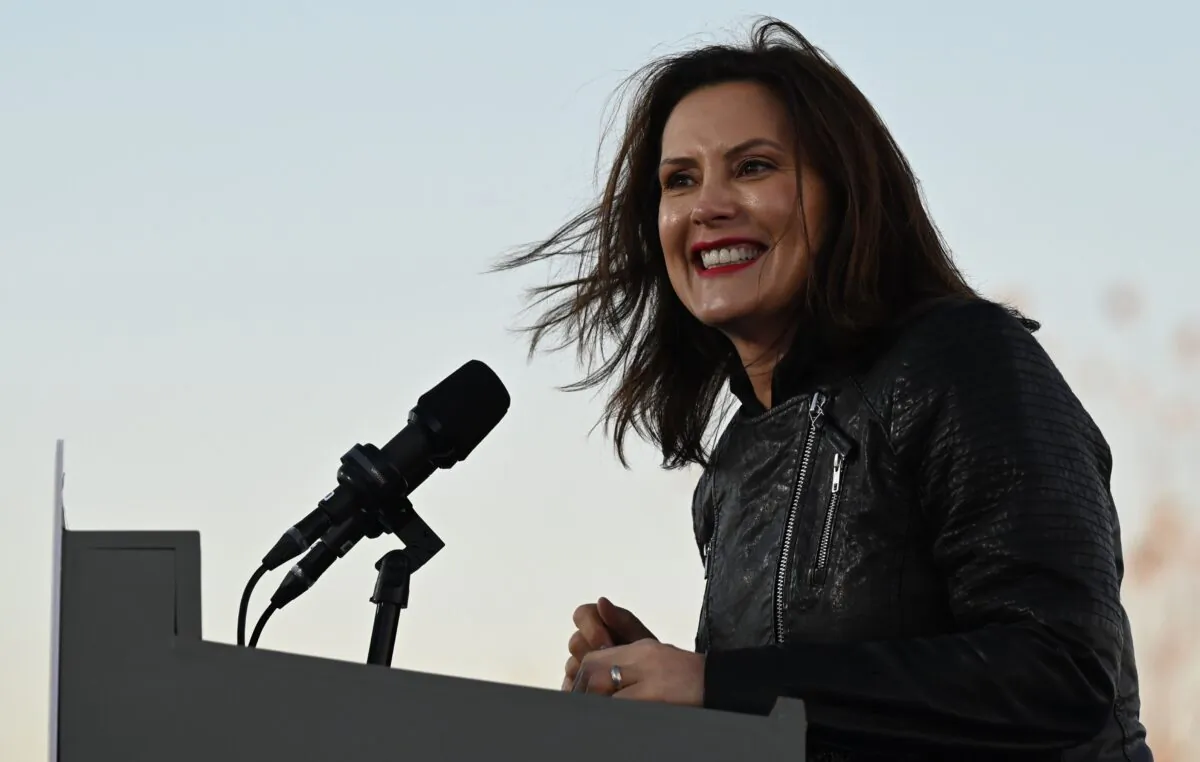 Michigan Governor Gretchen Whitmer speaks during a mobilization event at Belle Isle Casino in Detroit, Michigan, with former US President Barack Obama and Democratic Presidential candidate and former US Vice President Joe Biden on Oct. 31, 2020. (Jim Watson/AFP via Getty Images)