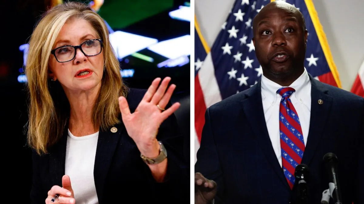 Sen. Marsha Blackburn (L) (R-Tenn.) speaks before the Senate Judiciary Committee on Capitol Hill in Washington, on Oct. 13, 2020. (Samuel Corum/POOL/AFP via Getty Images); Sen. Tim Scott (R-S.C.) speaks to members of the media at Hart Senate Office Building on Capitol Hill in Washington on June 23, 2020. (Alex Wong/Getty Images)