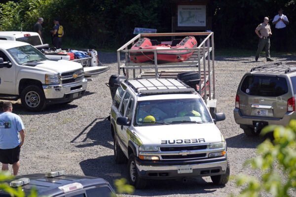 Rescue personnel stage along the Dan River