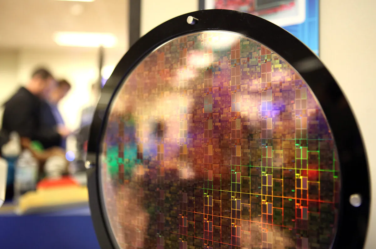 A silicon wafer is displayed during a technology event in San Jose, Calif, on March 23, 2011. (Justin Sullivan/Getty Images)