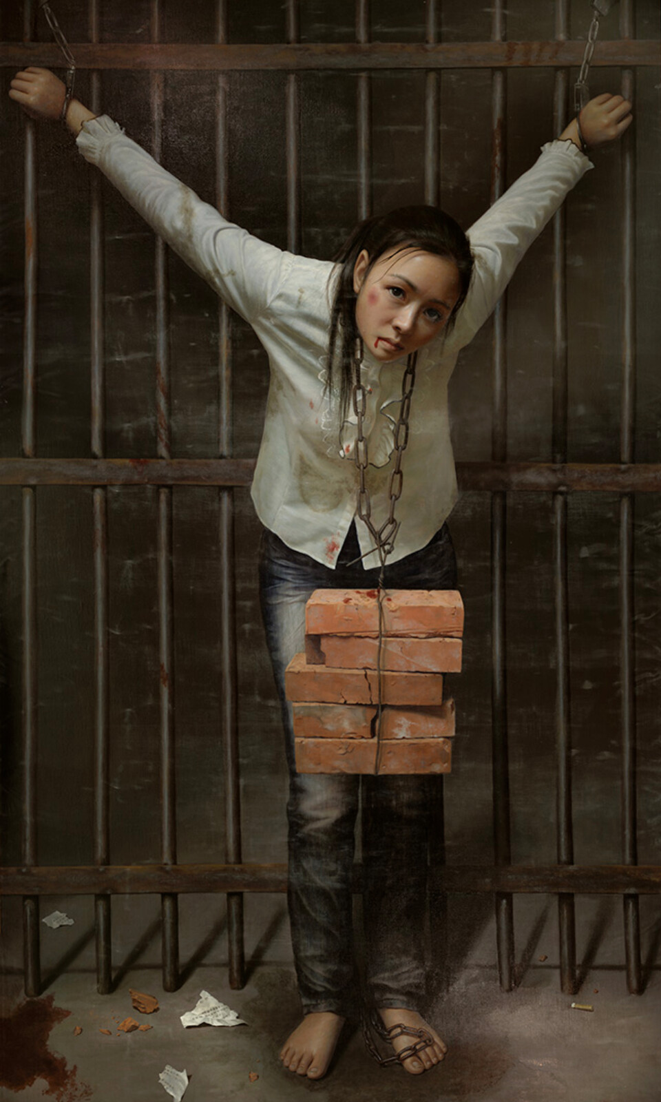 A painting depicting the "hanging bricks around the neck" torture method. 