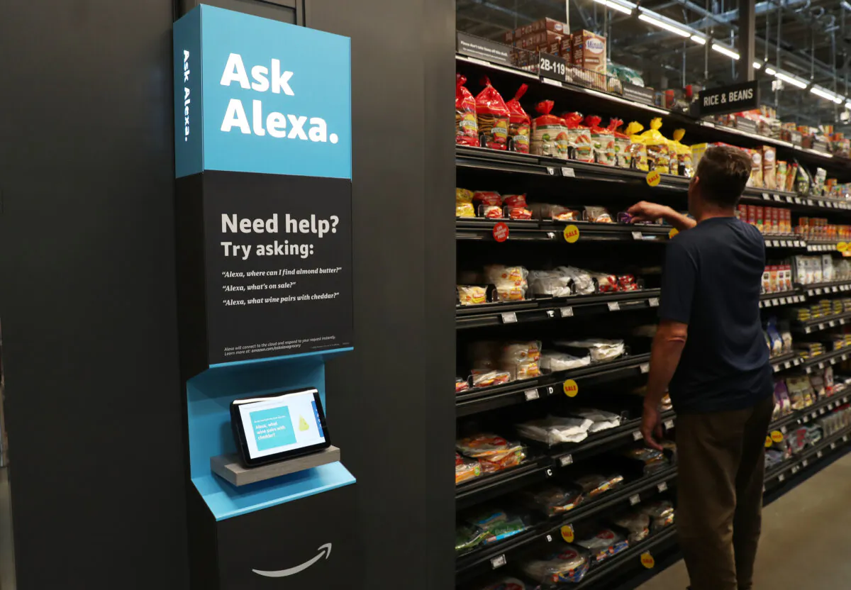An Alexa device is available for customer use at the first Amazon Fresh on opening day, and the only store with both cashierless technology mixed with a cashier checkout option, in Bellevue, Wash., on June 17, 2021. (Ken Lambert/Seattle Times/TNS)