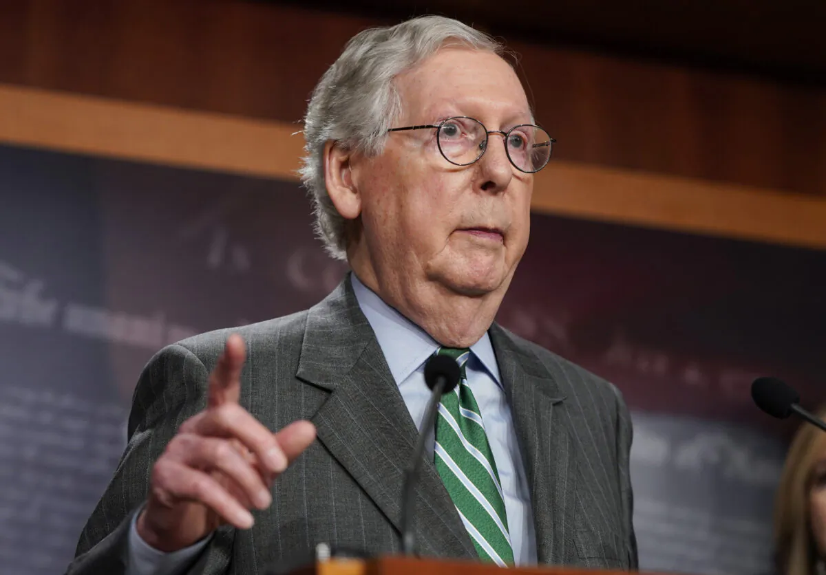 Senate Minority Leader Mitch McConnell (R-Ky.) speaks about his opposition to S. 1, the "For The People Act" in Washington, D.C., on June 17, 2021. (Joshua Roberts/Getty Images)