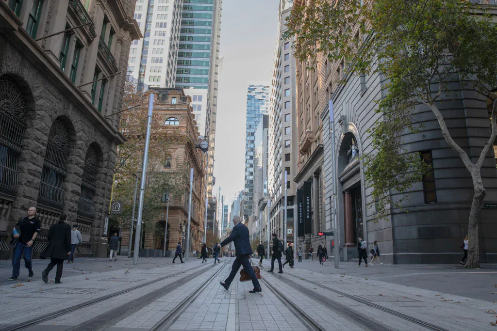 A general view is seen as a businessman crosses George street at in Sydney, Australia, on June 1, 2020. (Mark Kolbe/Getty Images)