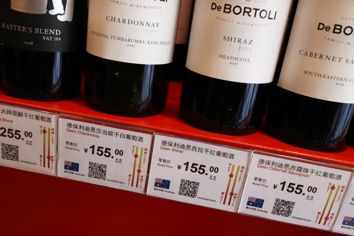 Bottles of Australian wine are seen at a store selling imported wine in Beijing, China, on Nov. 27, 2020. (Florence Lo/Reuters)