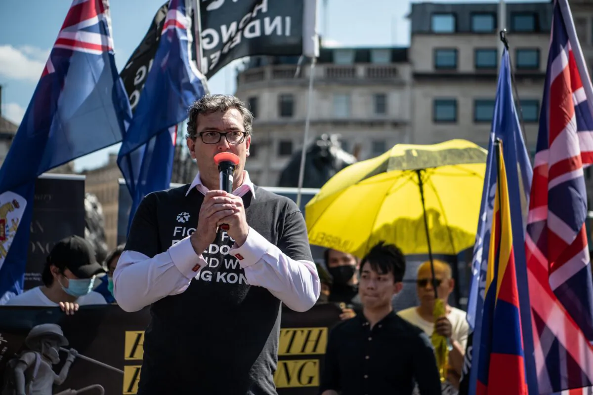 Human rights campaigner Benedict Rogers speaks at a rally for democracy in Hong Kong at Trafalgar Square in London, England, on June 12, 2021. (Laurel Chor/Getty Images)