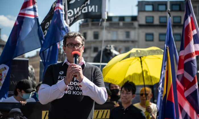 Campaigner Benedict Rogers speaks at a rally for democracy in Hong Kong at Trafalgar Square in London, England, on June 12, 2021. (Laurel Chor/Getty Images)