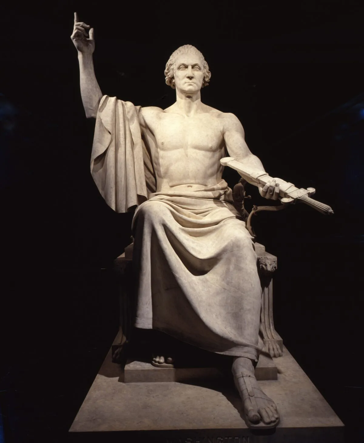 Detail of "George Washington," 1840, by Horatio Greenough. Marble; 136 inches by 102 inches by 82.5  inches. Smithsonian American Art Museum. (Public Domain)