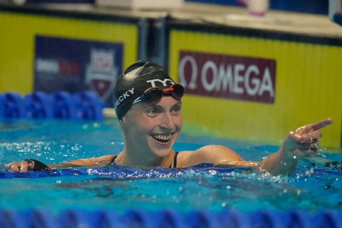 Katie Ledecky reacts after the women's 800 freestyle during wave 2 of the U.S. Olympic Swim Trials in Omaha, Neb., on June 19, 2021. (Charlie Neibergall/AP Photo)