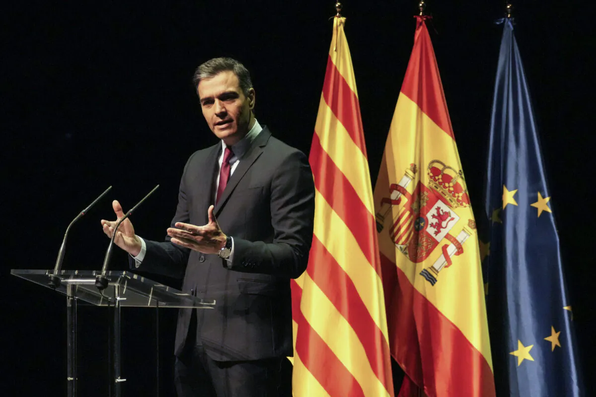 Spain's Prime Minister Pedro Sanchez delivers a speech at the Gran Teatre del Liceu in Barcelona, Spain, on June 21, 2021.  (Emilio Morenatti/AP)