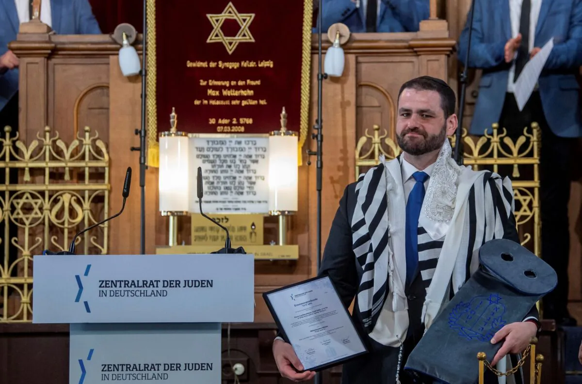 Zsolt Balla, State Rabbi of Saxony, stands in the synagogue in Leipzig, Germany on June 21, 2021, after his induction into the office of Military Rabbi of the Armed Forces. (Hendrik Schmidt/dpa via AP)