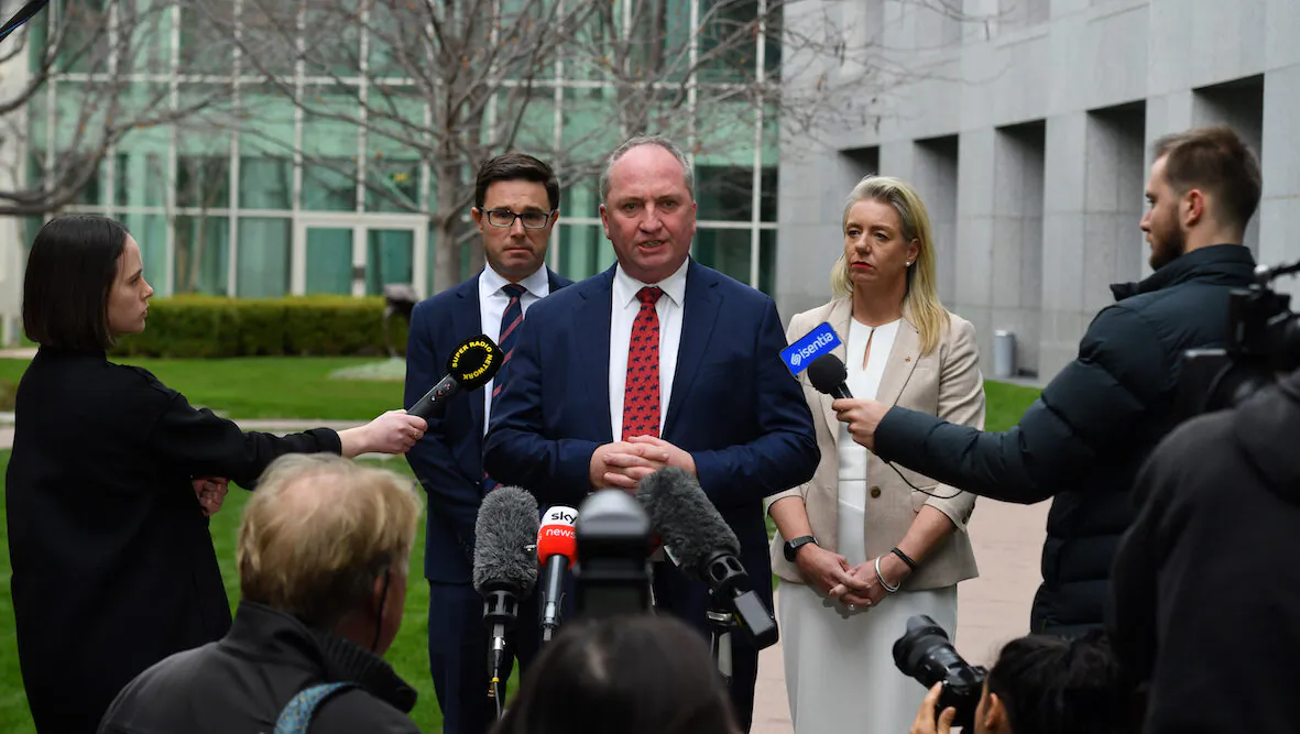 Australia's Minister for Agriculture David Littleproud, Nationals member for New England Barnaby Joyce, and Nationals Senator Bridget McKenzie, at a press conference after a Nationals party room meeting at Parliament House in Canberra, Australia, on June 21, 2021. (AAP Image/Mick Tsikas)