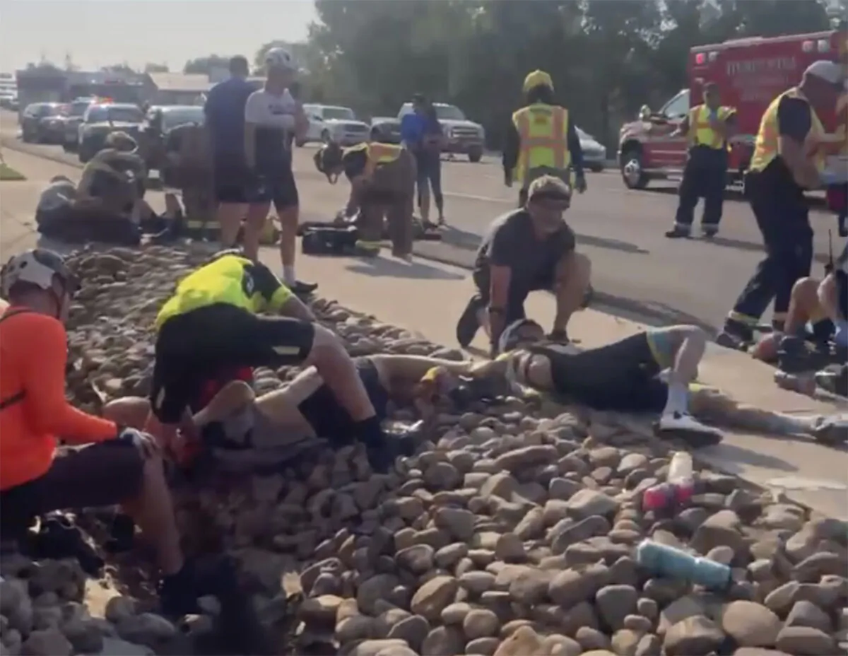 The aftermath of a truck ramming into a crowd of bikers on Saturday, June 19, 2021, in Show Low, Ariz. (Tony Quinones via AP)