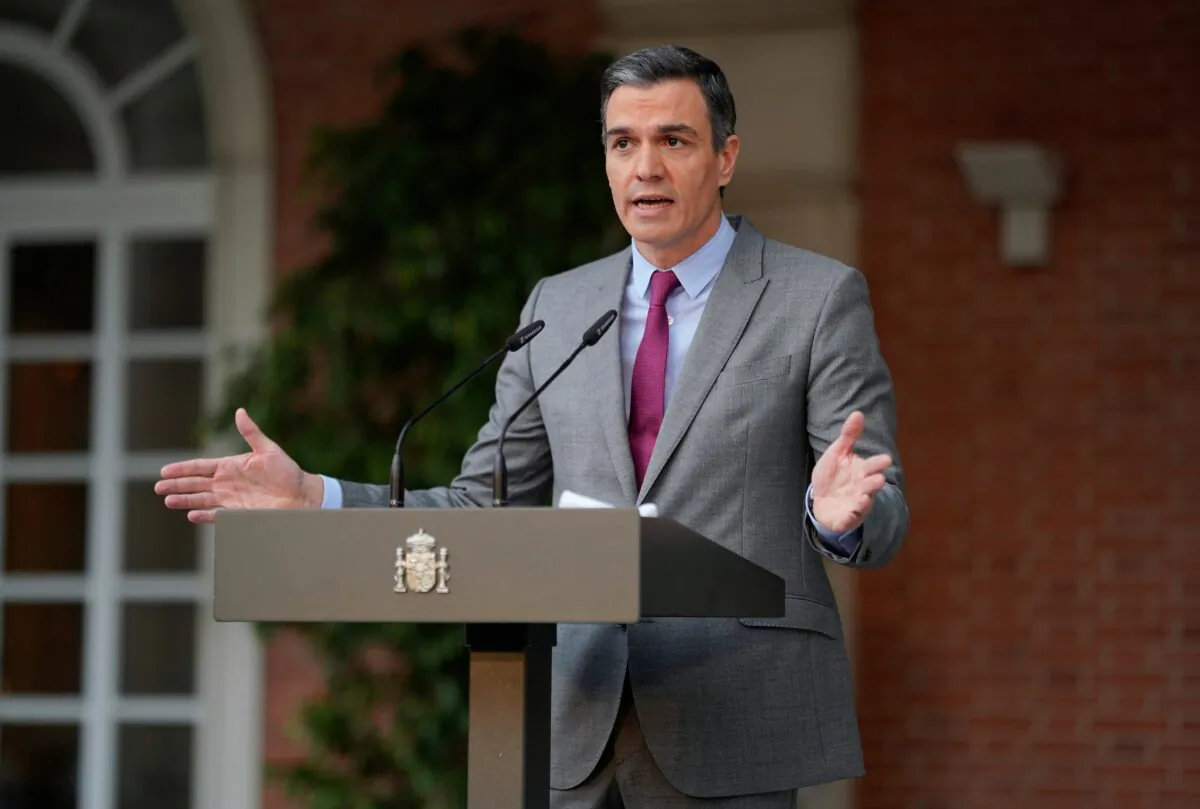 Spain's Prime Minister Pedro Sanchez delivers a statement as he announces pardons for jailed Catalan separatist leaders, at Moncloa Palace in Madrid, Spain, on June 22, 2021. (Juan Medina/Reuters)
