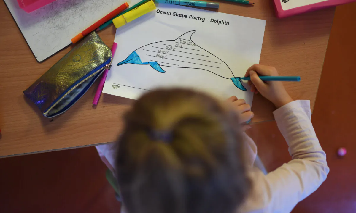 A Year 1 pupil colours a dolphin poetry worksheet while respecting social distancing rules in a classroom during a lesson at the College Francais Bilingue De Londres French-English bilingual school in north London on June 2, 2020. (Daniel Leal-Olivas/AFP via Getty Images)
