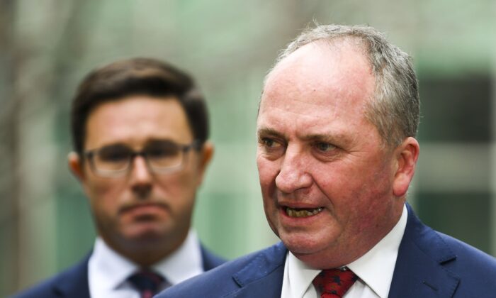 Australia's Deputy Prime Minister Barnaby Joyce speaks to the media during a press conference at Parliament House in Canberra, Australia, on June 21, 2021. (AAP Image/Lukas Coch) 