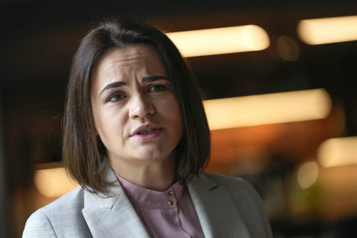Belarusian opposition leader Sviatlana Tsikhanouskaya talks during an interview with The Associated Press in Brussels on June 22, 2021. (Francisco Seco/AP)