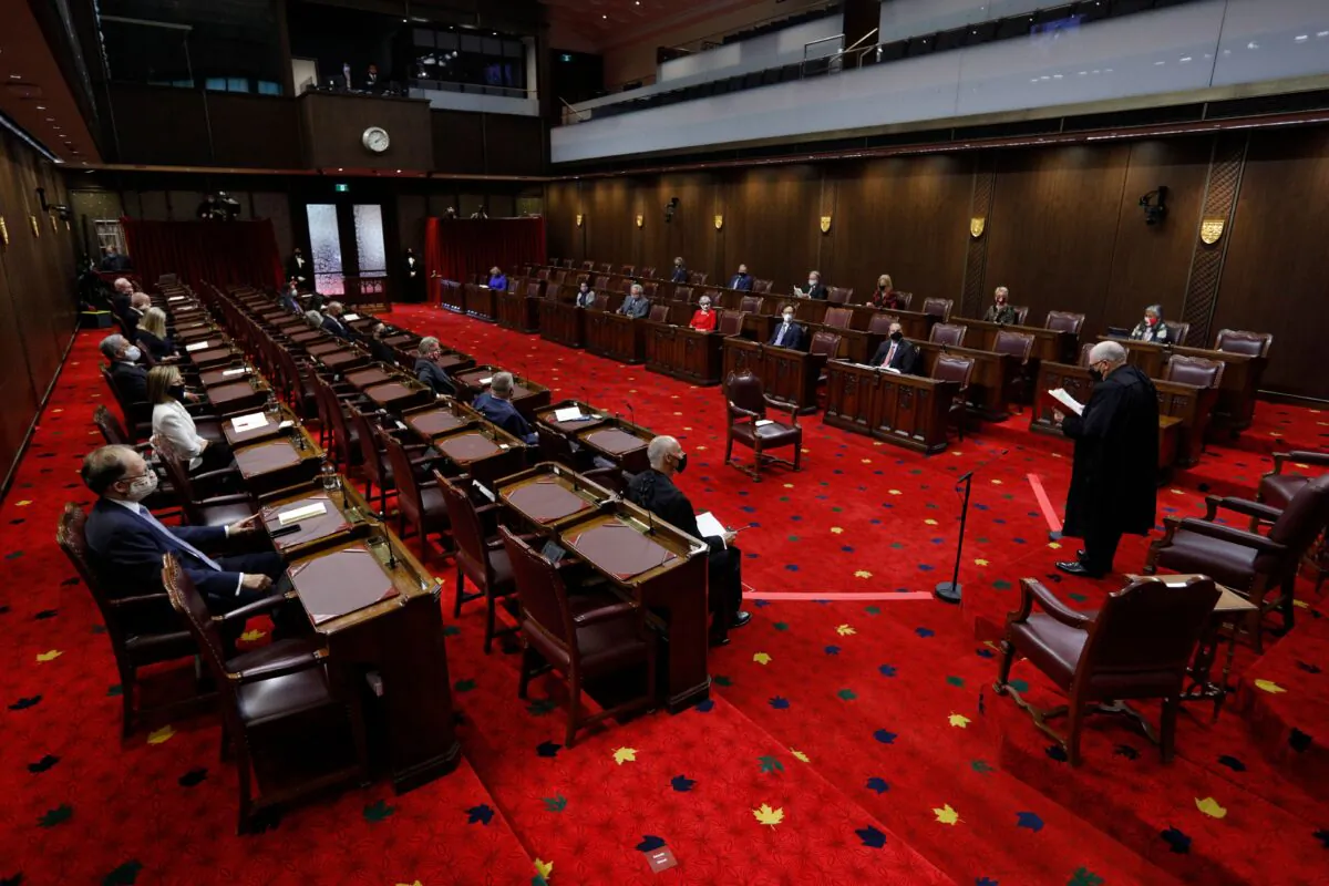 Senators listen to speaker George Furey in the Senate chamber in Ottawa on Sept. 23, 2020. Bill C-10, which passed in the House of Commons on June 22, must now pass in the Senate before it can become law. (Blair Gable/Pool/AFP via Getty Images)