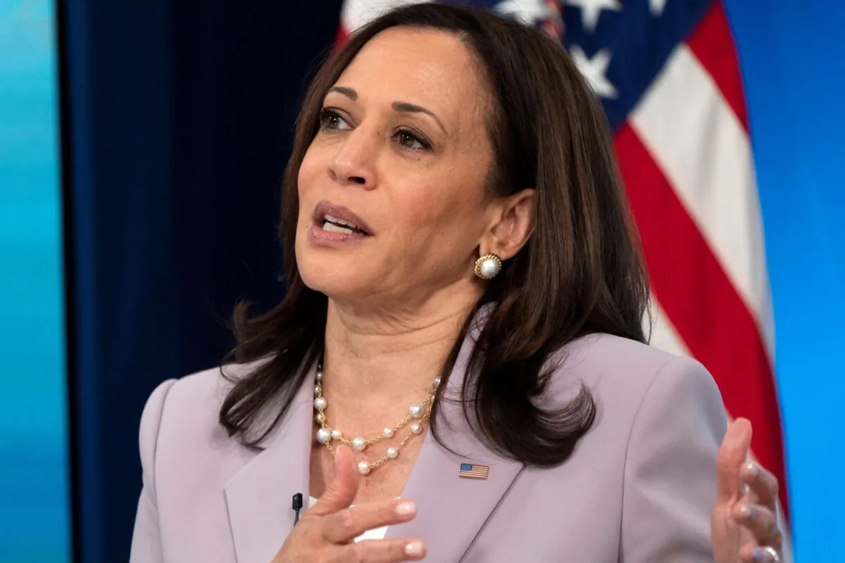 Vice President Kamala Harris speaks from the South Court Auditorium on the White House complex in Washington, D.C., on June 23, 2021. (Jacquelyn Martin/AP Photo)