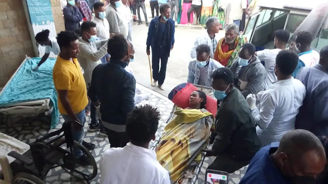 A woman is taken to Ayder Referral Hospital, in Mekelle, after an airstrike in Togoga, Ethiopia's Tigray region, on June 22, 2021. (Tigray Guardians 24 via Reuters)
