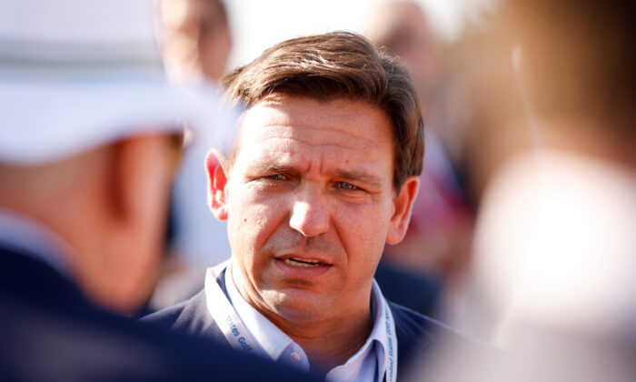 Florida Gov. Ron DeSantis at a flag-raising ceremony in Juno Beach, Fla., on May 7, 2021. (Cliff Hawkins/Getty Images)