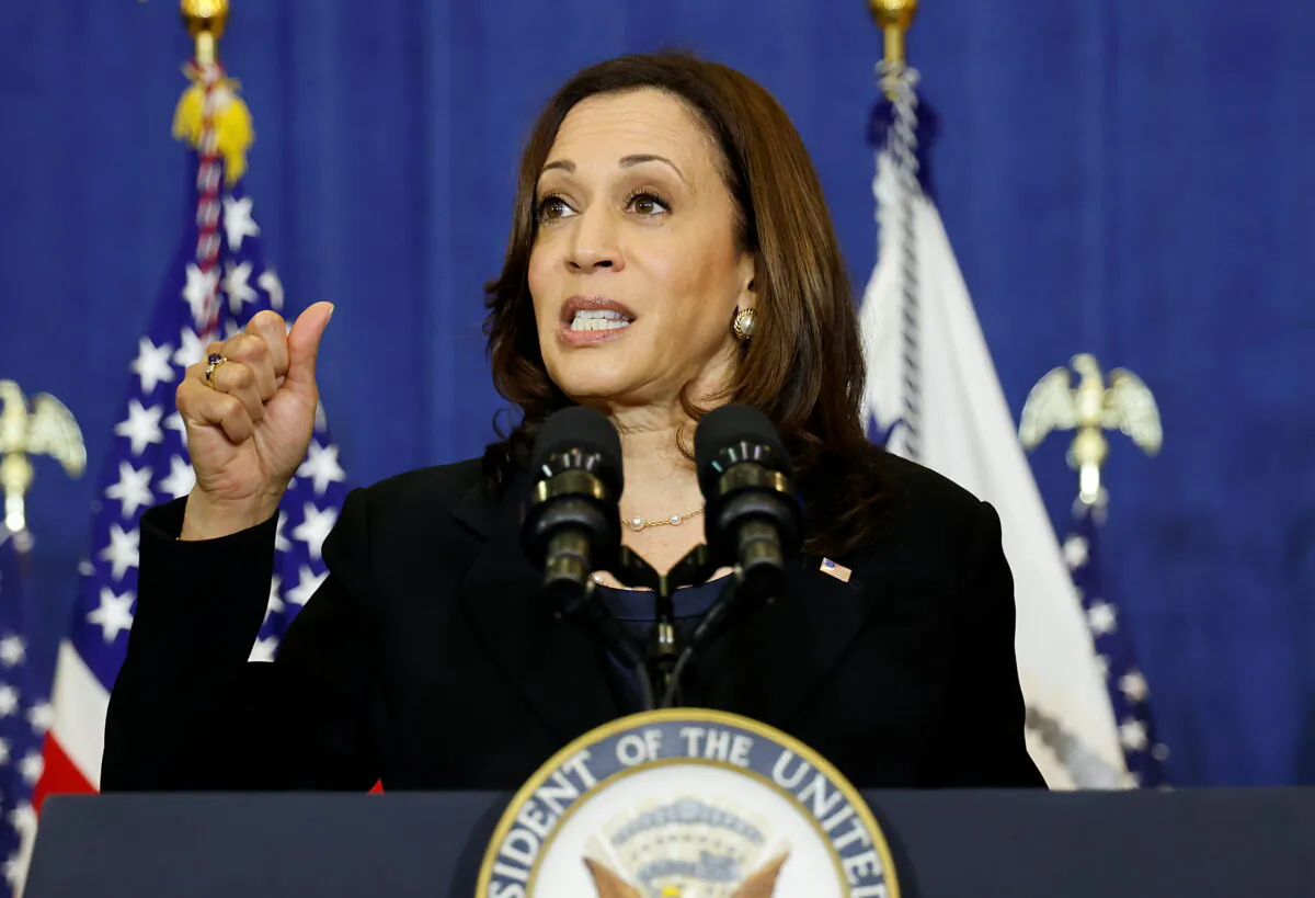 Vice President Kamala Harris gestures as she delivers remarks in Pittsburgh, Pa., on June 21, 2021. (Jonathan Ernst/Reuters)