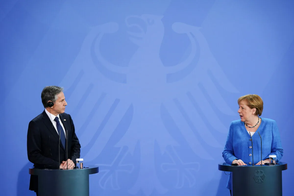 German Chancellor Angela Merkel and U.S. Secretary of State Antony Blinken hold a joint news conference at the Chancellery in Berlin on June 23, 2021. (Clemens Bilan/Pool via Reuters)