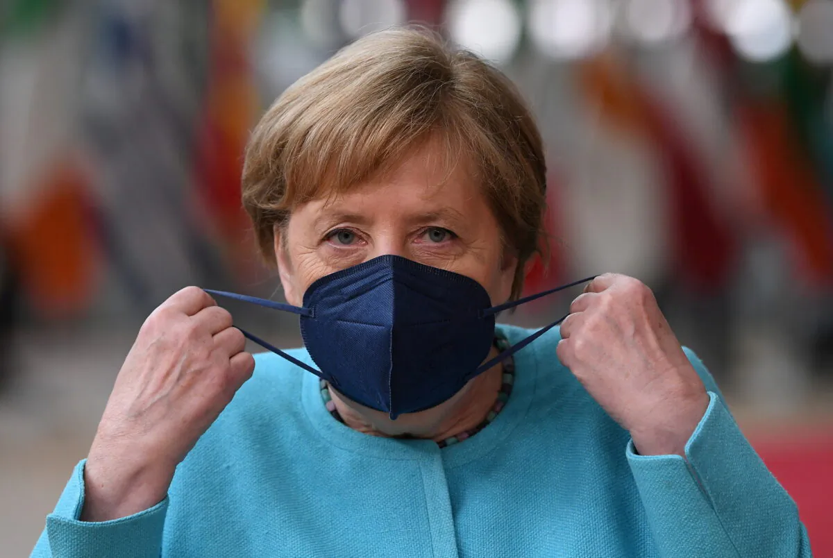 German Chancellor Angela Merkel arrives on the first day of the European Union summit at The European Council Building in Brussels, on June 24, 2021. (John Thys/Pool via Reuters)