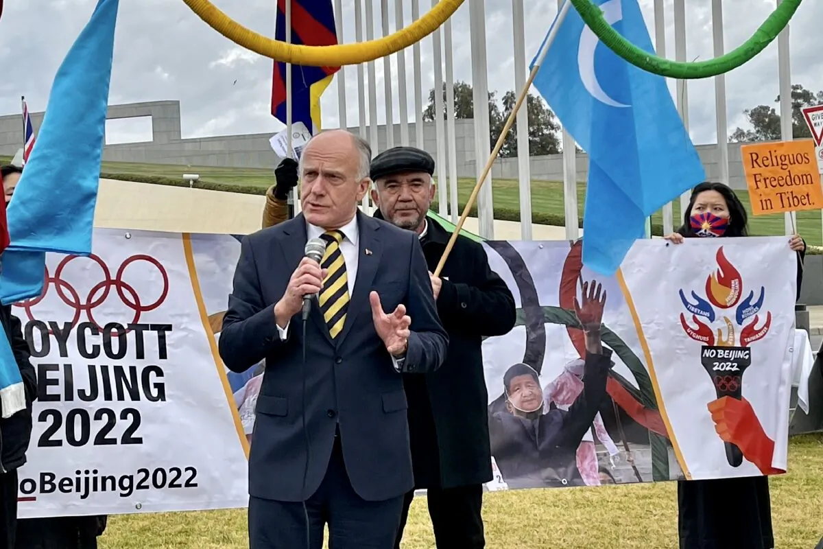 Tasmanian Liberal Sen. Eric Abetz speaks during the “No Beijing 2022” rally outside Parliament House in Canberra, Australia, on June 23, 2021. (The Epoch Times)
