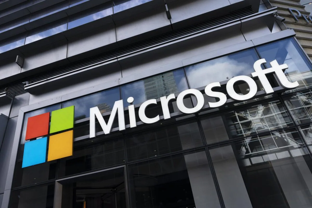 The Microsoft logo is seen on a building in New York in this file photo taken on May 6, 2021. (Mark Lennihan/AP Photo)