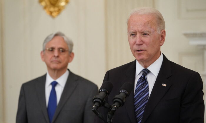 Attorney General Merrick Garland looks on as President Joe Biden speaks about crime prevention at the White House in Washington, on June 23, 2021. (Mandel Ngan/AFP via Getty Images)