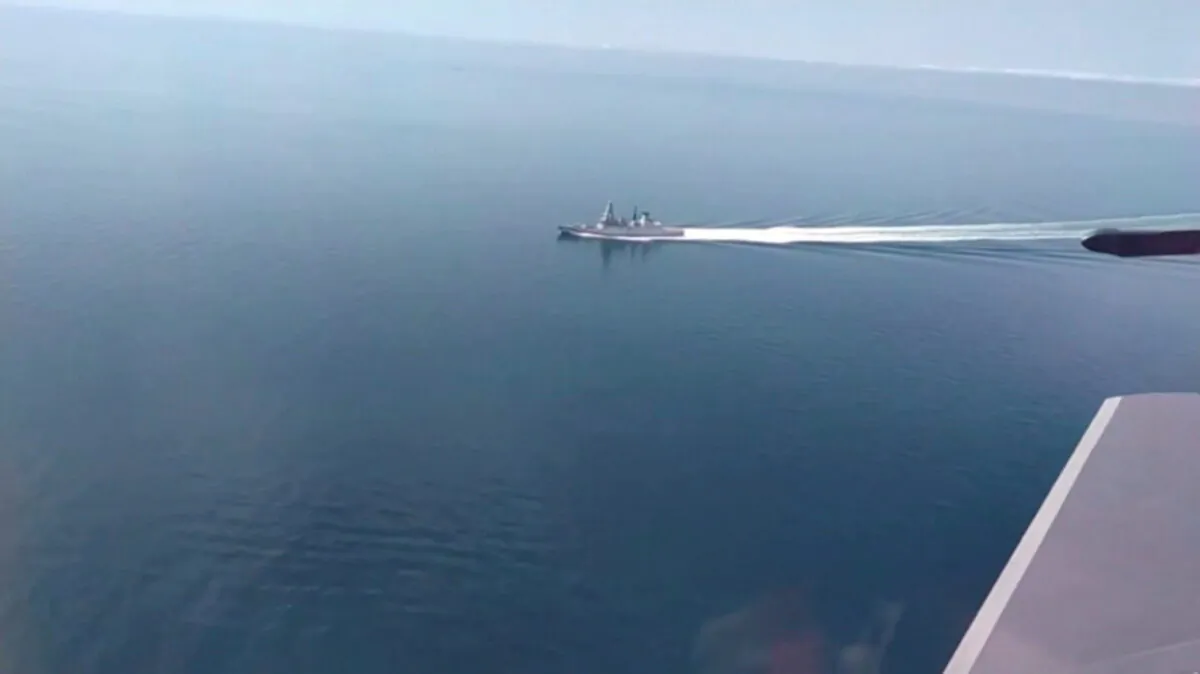 A still image taken from a video released by Russia's Defence Ministry allegedly shows British Royal Navy's Type 45 destroyer HMS Defender filmed from a Russian military aircraft in the Black Sea, on June 23, 2021. (Ministry of Defence of the Russian Federation/Handout via Reuters)