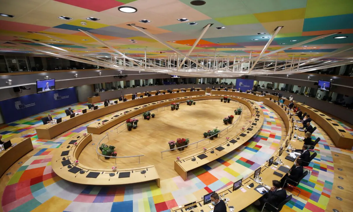 A general view at start of a European Union leaders meeting on the first day of the EU summit, in Brussels, Belgium, on June 24, 2021. (Olivier Hoslet/Pool via Reuters)