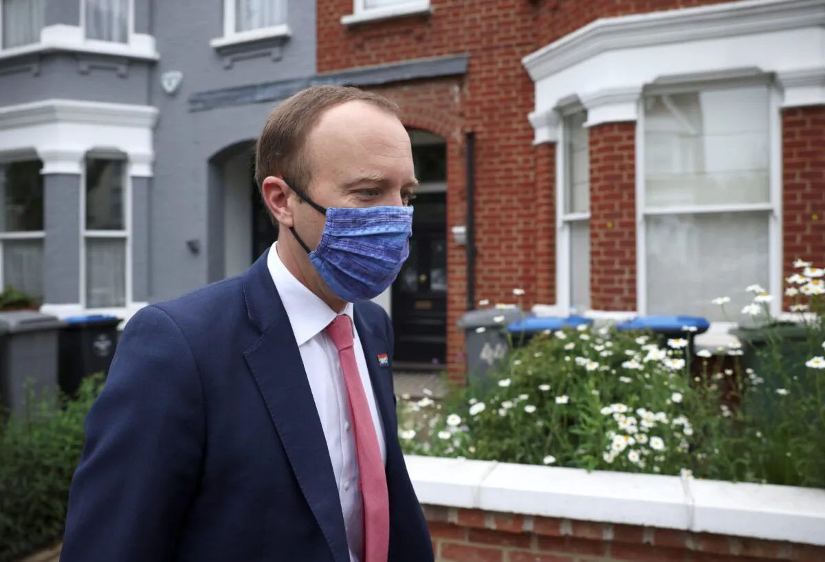 Britain's Health Secretary Matt Hancock leaves his house, in London, Britain, on June 17, 2021. (Henry Nicholls/Reuters)