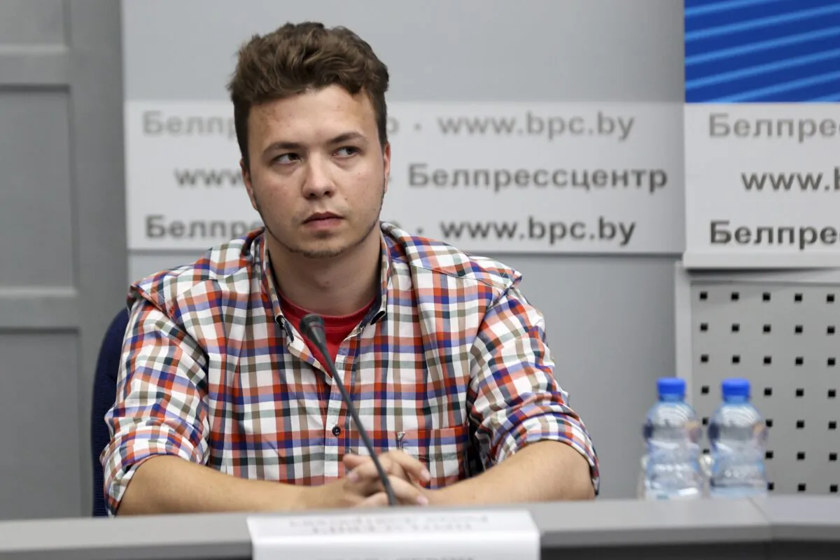 Belarusian dissident journalist Raman Pratasevich attends a news conference at the National Press Center of Ministry of Foreign Affairs in Minsk, Belarus, on June 14, 2021. (Ramil Nasibulin/BelTA pool photo via AP)