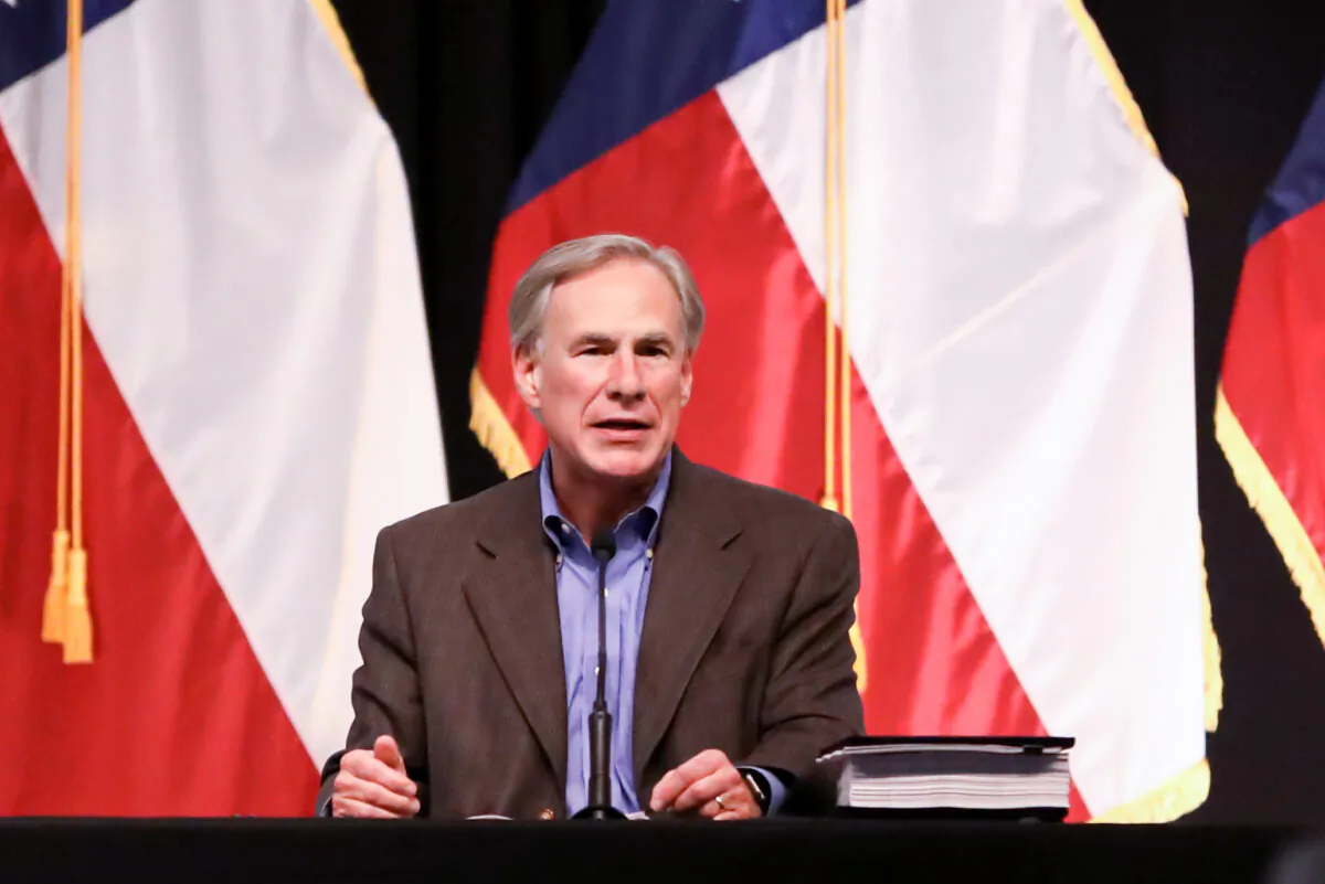 Texas Gov. Greg Abbott during a border security summit in Del Rio, Texas, on June 10, 2021. (Charlotte Cuthbertson/The Epoch Times)
