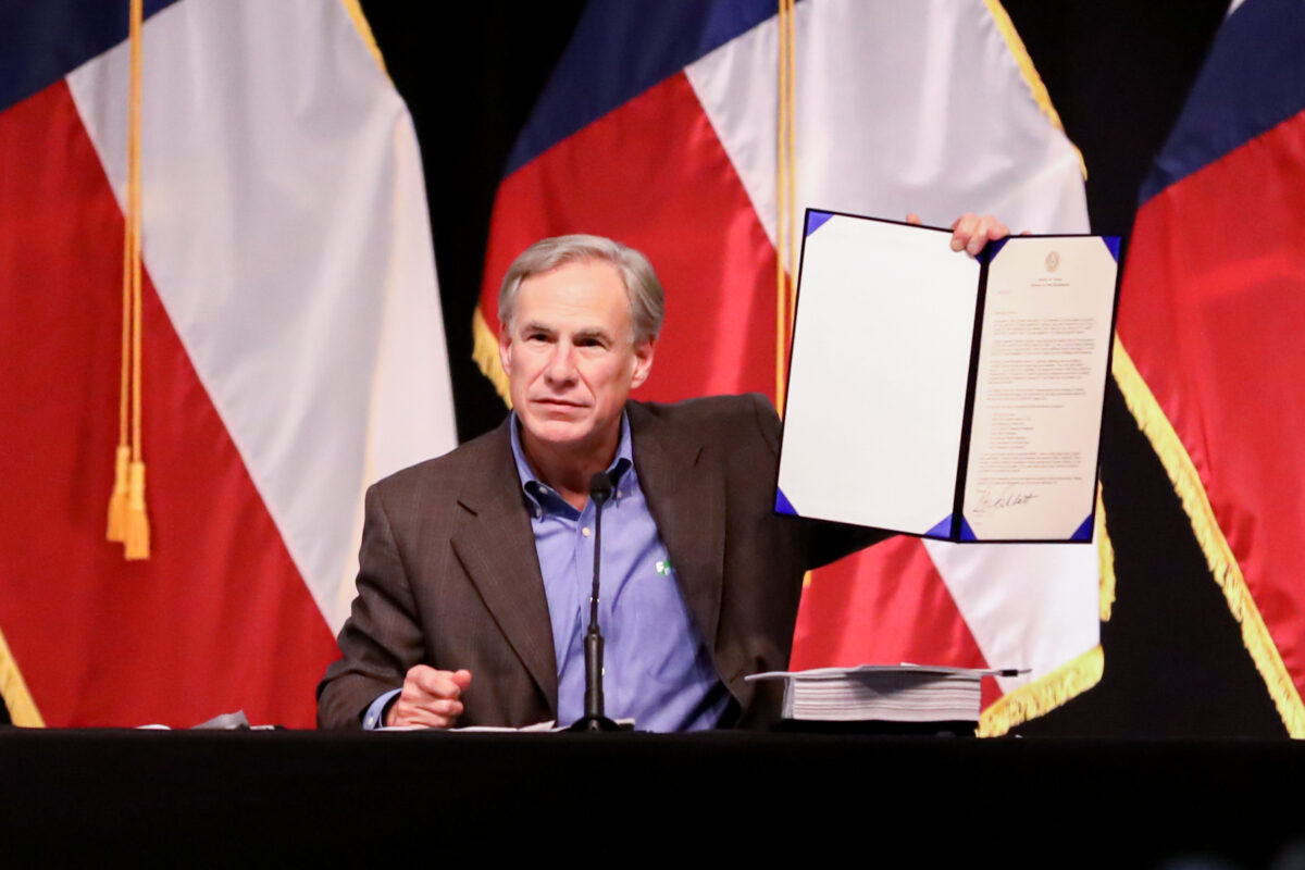 Texas Gov. Greg Abbott during a border security summit in Del Rio, Texas, on June 10, 2021. (Charlotte Cuthbertson/The Epoch Times)