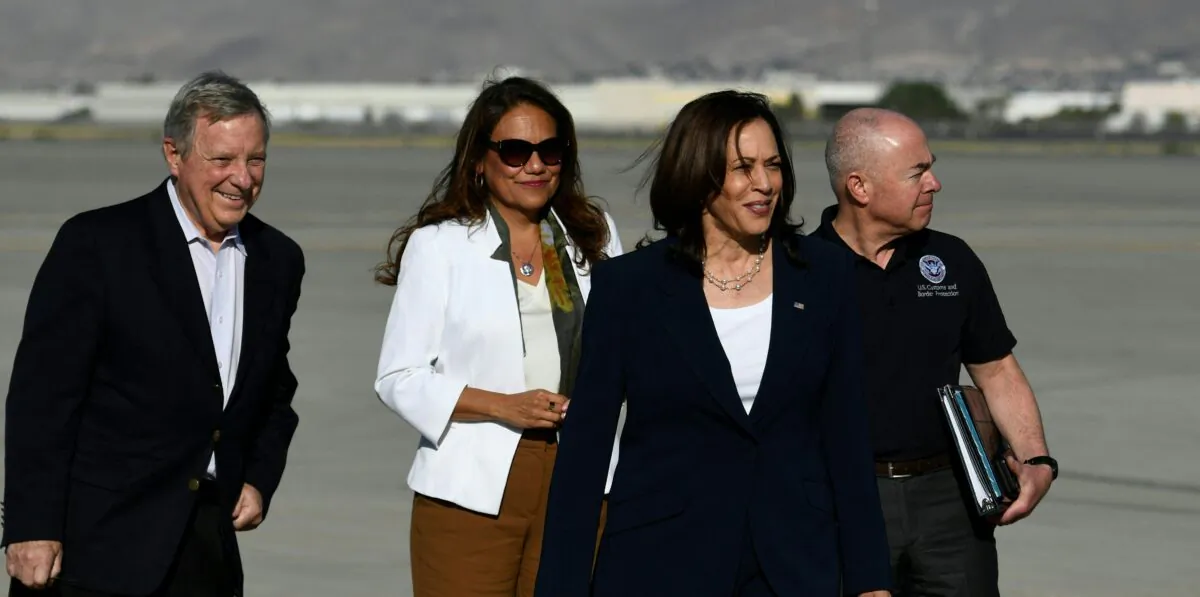 Vice President Kamala Harris is welcomed by Homeland Security Secretary Alejandro Mayorkas (R), Sen. Dick Durbin (D-Ill.) (L) and congresswoman Rep. Veronica Escobar (D-Texas) (2nd-L), upon arrival at El Paso International Airport, in El Paso, Texas, on June 25, 2021. (Patrick T. Fallon/AFP via Getty Images)