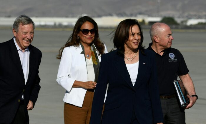 Vice President Kamala Harris is welcomed by Homeland Security Secretary Alejandro Mayorkas (R), Sen. Dick Durbin (D-Ill.) (L) and congresswoman Rep. Veronica Escobar (D-Texas) (2nd-L), upon arrival at El Paso International Airport, in El Paso, Texas, on June 25, 2021. (Patrick T. Fallon/AFP via Getty Images)