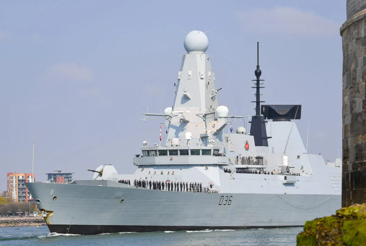 The HMS Defender leaves Portsmouth, United Kingdom, on May 1, 2021. (Finnbarr Webster/Getty Images)