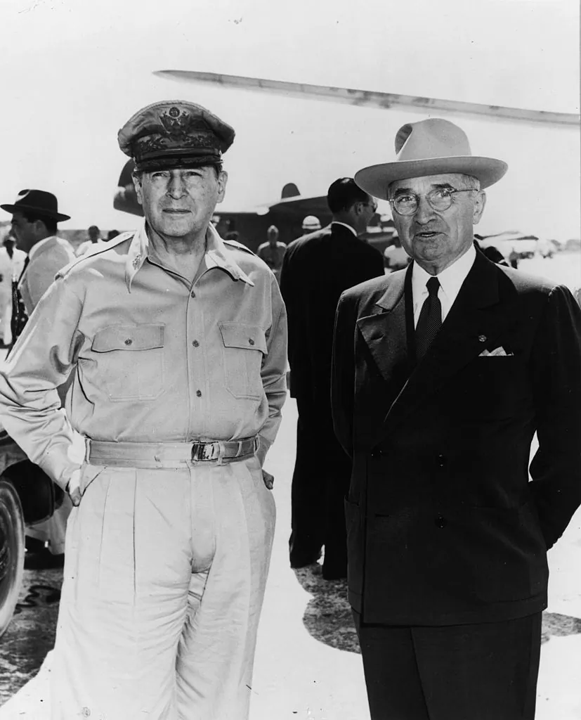 President Harry S. Truman (right) and General Douglas MacArthur, pictured at the Wake Island Conference during the Korean War in 1950. (MPI/Getty Images)