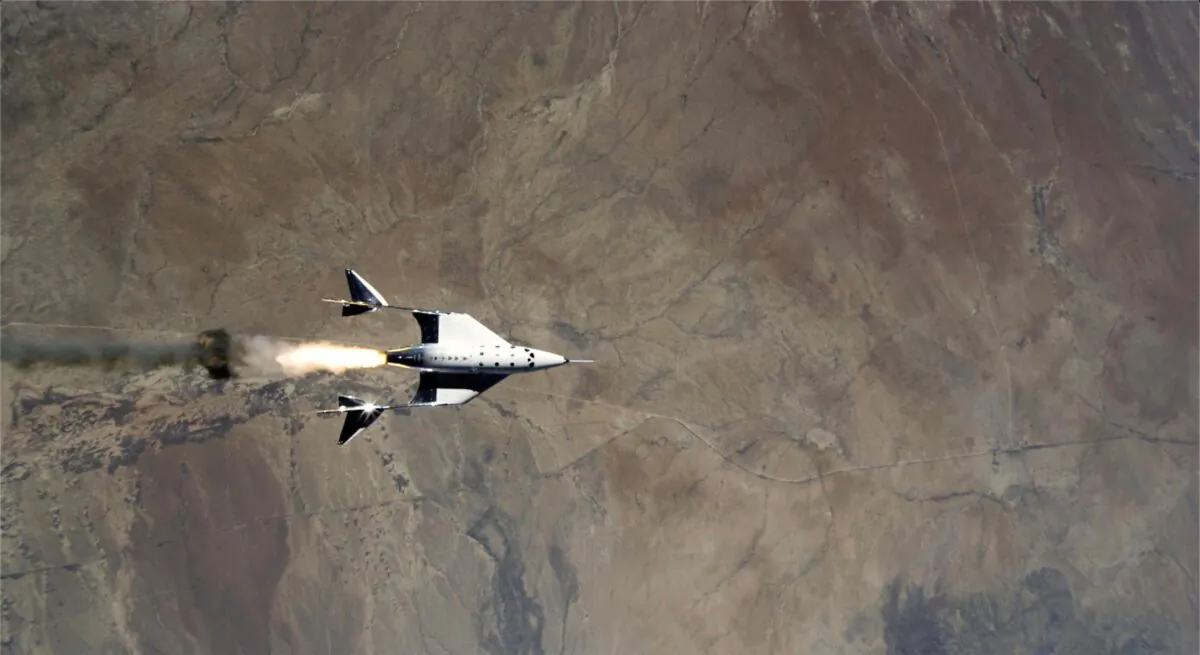 The release of VSS Unity from VMS Eve and ignition of rocket motor over Spaceport America, N.M., on May 22, 2021. (Virgin Galactic via AP)
