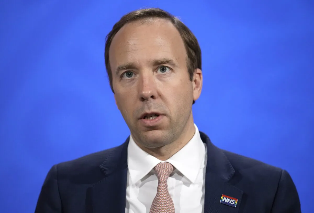 Britain's Health Secretary Matt Hancock speaks during a coronavirus media briefing in Downing Street in London, Britain, on May 27, 2021. (Matt Dunham/AP Photo, Pool, File)