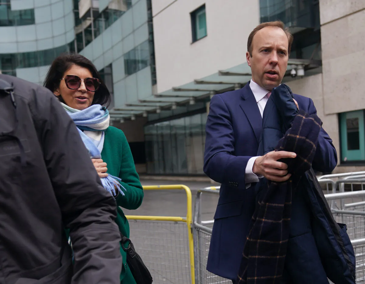 Health Secretary Matt Hancock with adviser Gina Coladangelo outside BBC Broadcasting House in London on June 16, 2021. (Yui Mok/PA)