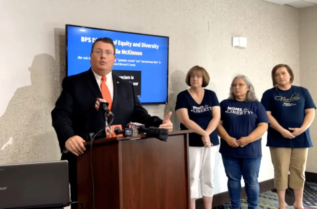 Florida state Rep. Randy Fine (R-Palm Bay) and Moms for Liberty hold a press conference in Palm Bay, Fla., on June 25, 2021. (Rep. Randy Fine/Screenshot via NTD)