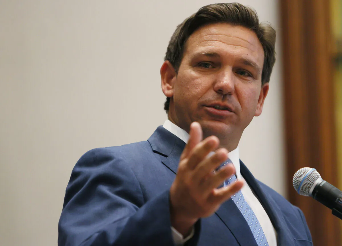 Florida Gov. Ron DeSantis speaks during a press conference at the Shul of Bal Harbour in Surfside, Fla., on June 14, 2021. (Joe Raedle/Getty Images)