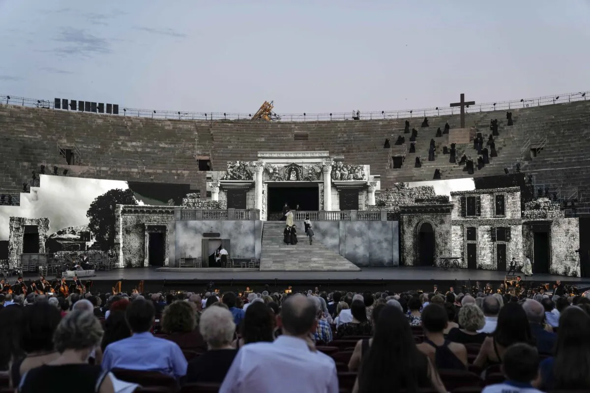 A view of the stage during "Cavalleria rusticana" lyric opera, at the Arena di Verona theatre, in Verona, Italy, on June 25, 2021. (Luca Bruno/AP Photo)